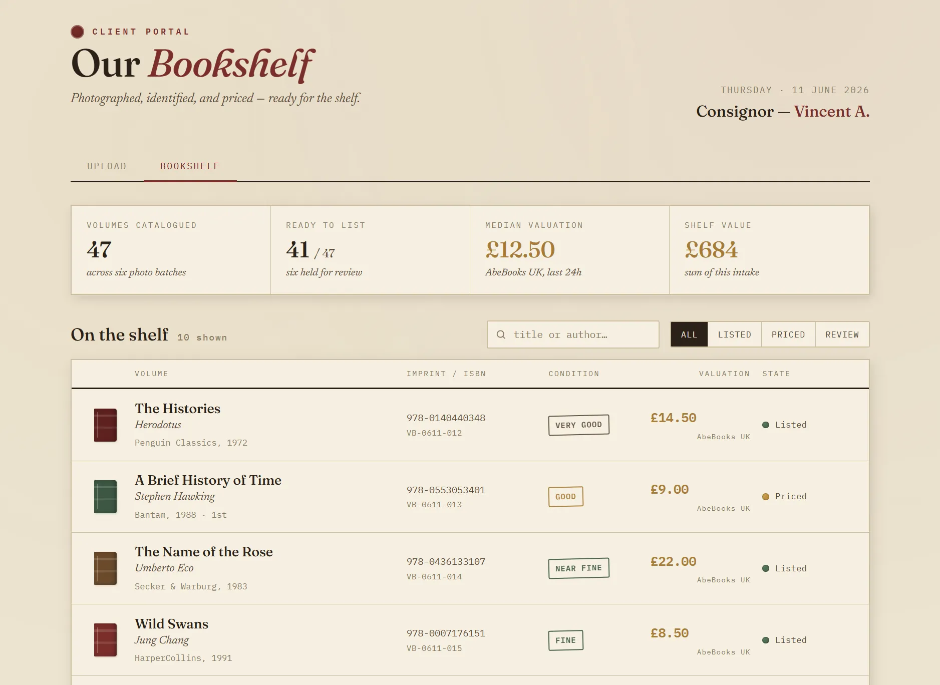 The finished bookshelf — every book identified, priced and ready to list