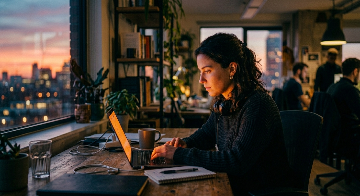 Focused work with AI in a warm, modern workspace