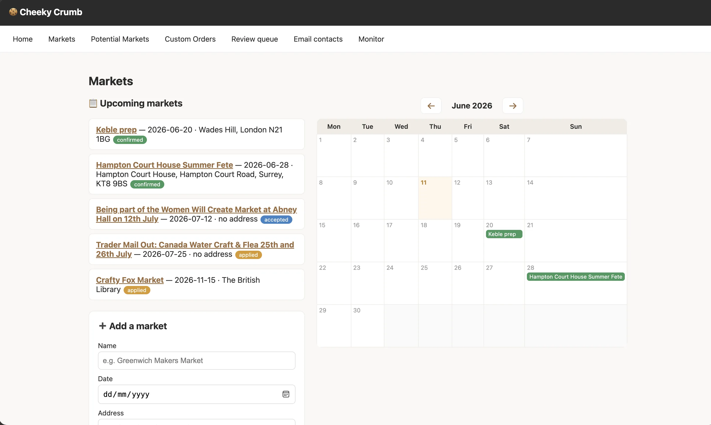 An organiser dashboard — every market a managed project, on a calendar